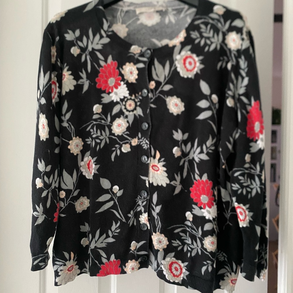 LOFT Black and Red Floral Button Down Cardigan